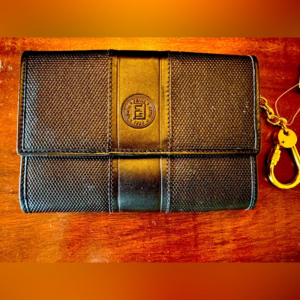 Vintage Fendi Regimental Black Leather Keychain Wallet